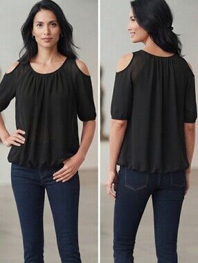 BCBGeneration Navy Blue Sheer Chiffon Cold Shoulder Blouse Top Medium